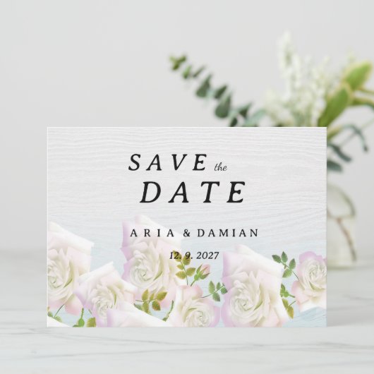 Rustikale Rose aus Weißholz, rosa Minze Save the D Einladung (Stehend Vorderseite)