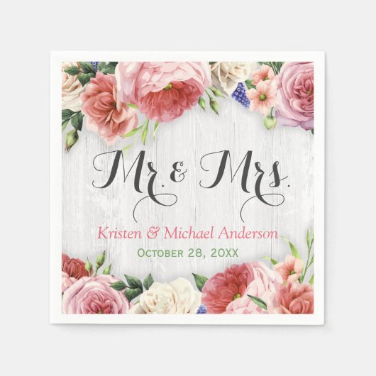 Rustikale Rose Blume Weißholz-Hochzeitsmonogramm Serviette (Vorderseite)