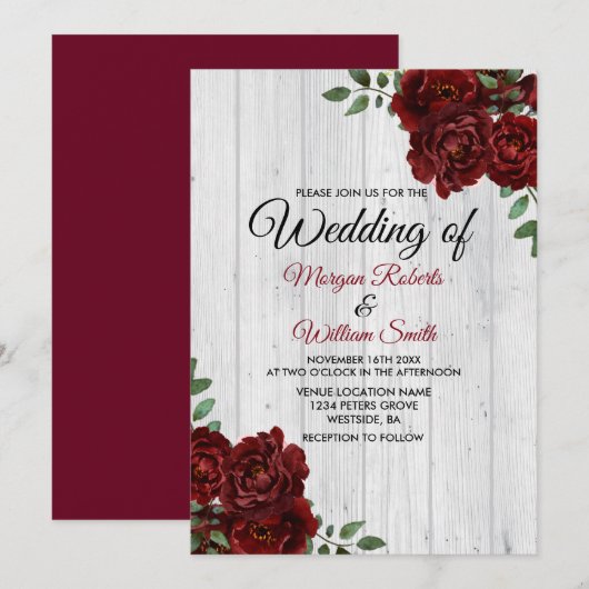 Rustikale Rose Burgund Romantische Hochzeitseinlad Einladung (Vorne/Hinten)