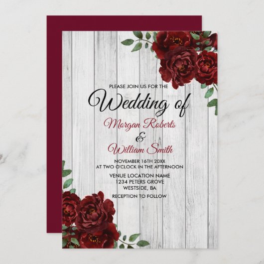 Rustikale Rose Burgund Romantische Hochzeitseinlad Einladung (Vorne/Hinten)