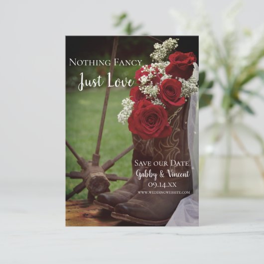 Rustikale Rose Cowboy Boots Western Hochzeit Save The Date (Stehend Vorderseite)