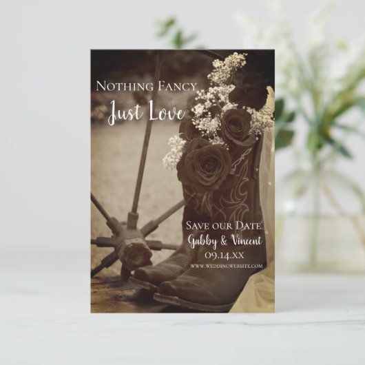 Rustikale Rose Cowboy Boots Western Hochzeit Sepia Save The Date (Stehend Vorderseite)