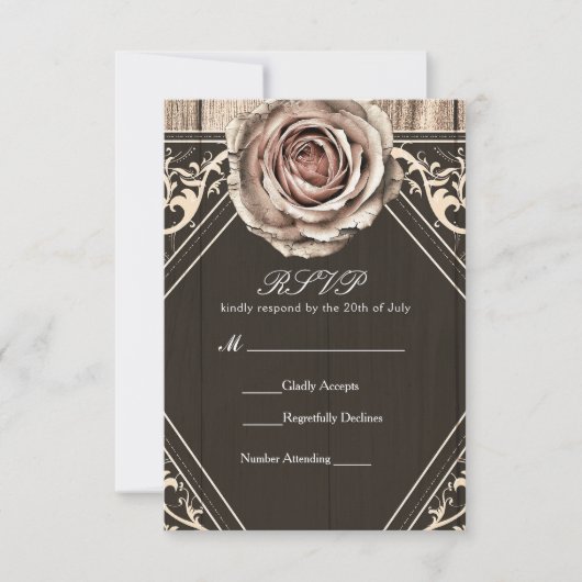 Rustikale Rose Elegante Light Wood Wedding RSVP Ca (Vorderseite)