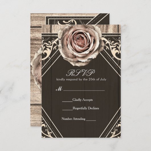 Rustikale Rose Elegante Light Wood Wedding RSVP Ca (Vorne/Hinten)