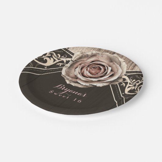 Rustikale Rose Elegantes Party aus hellem Holz Pappteller (Schrägansicht)