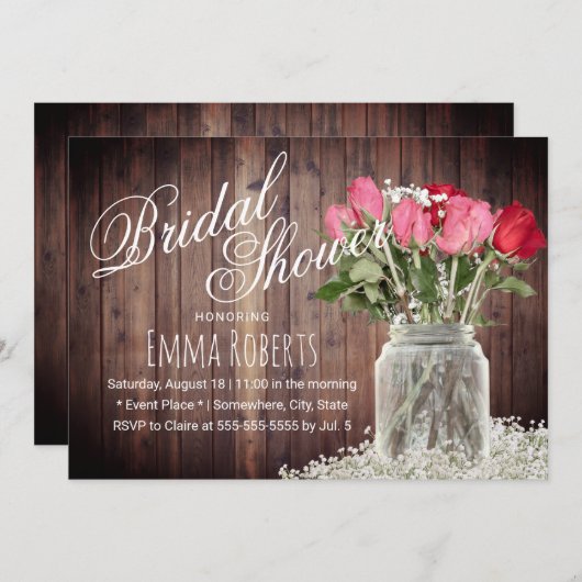 Rustikale Rose Floral Mason Jar Brautparty Einladung (Vorne/Hinten)