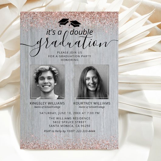 Rustikale Rose Gold Double Abschluss Foto Einladung