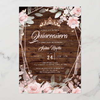 Rustikale Rose Gold Floral Butterfly Quinceanera Folieneinladung