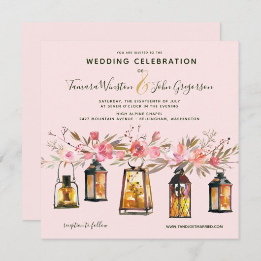 Rustikale Rose Gold Lanterns & Lights Blumenhochze Einladung (Vorne/Hinten)