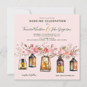Rustikale Rose Gold Lanterns & Lights Blumenhochze Einladung (Vorderseite)