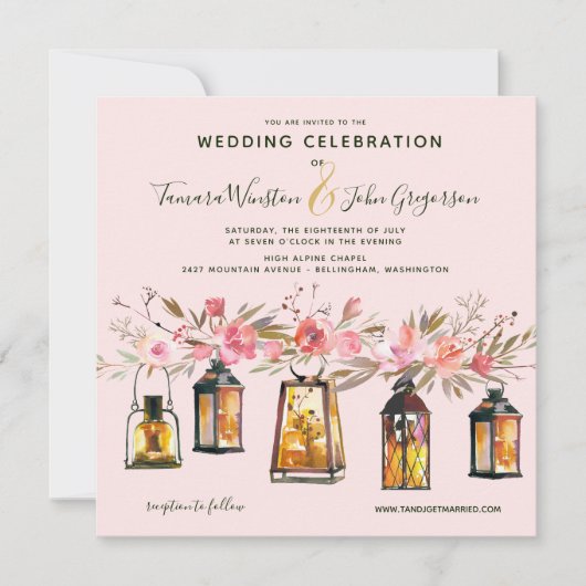 Rustikale Rose Gold Lanterns & Lights Blumenhochze Einladung (Vorderseite)