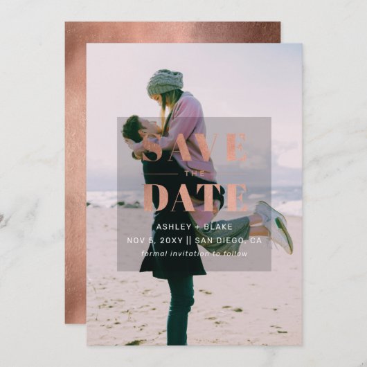 Rustikale Rose Gold Minimal Modernes Foto Save The Date (Vorne/Hinten)