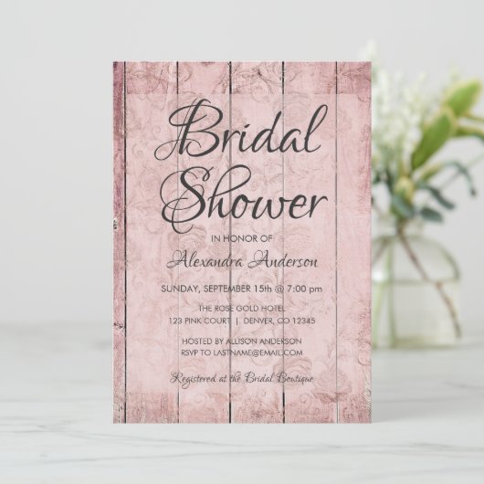 Rustikale Rose Gold - Rosa Rosa Brautparty Einladung (Stehend Vorderseite)