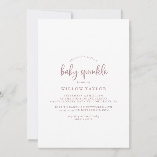 Rustikale Rose Gold Script Baby Sprinkle Einladung (Vorderseite)