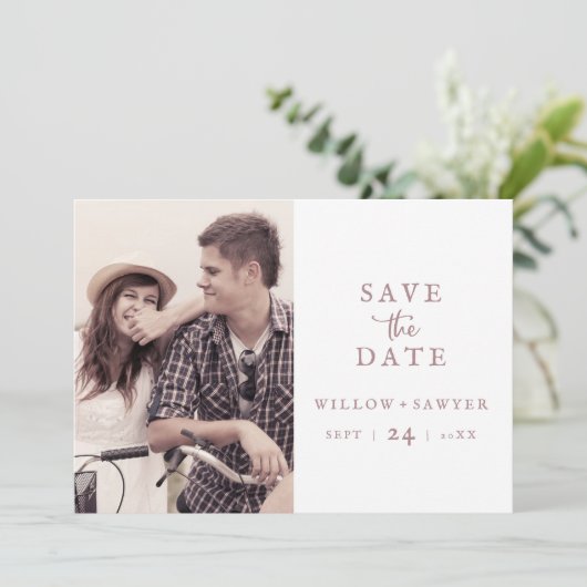 Rustikale Rose Gold Script Foto Save the Date (Stehend Vorderseite)