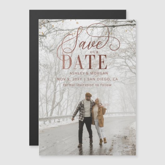 Rustikale Rose Gold Script Foto Save the Date Magneteinladung (Vorne/Hinten)