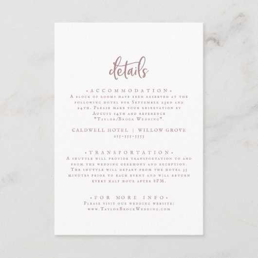 Rustikale Rose Gold Script Hochzeitsdetails Begleitkarte (Vorderseite)