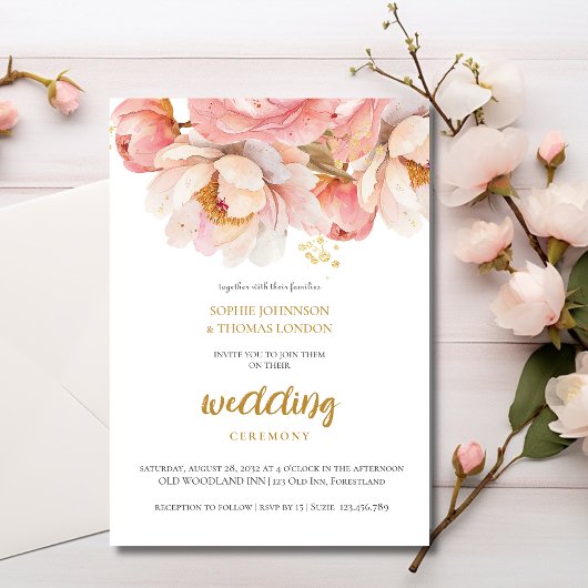 Rustikale Rose Hochzeit mit Blütenfarbe Einladung