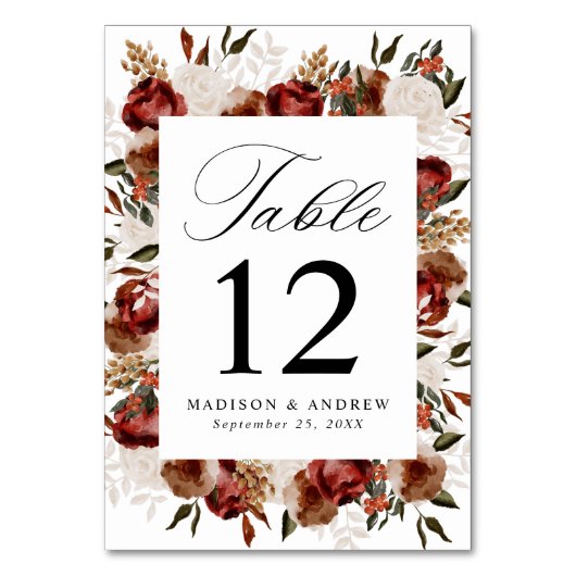 Rustikale Rose in Burgund und Elfenbeinküste Tischnummer (Rückseite)