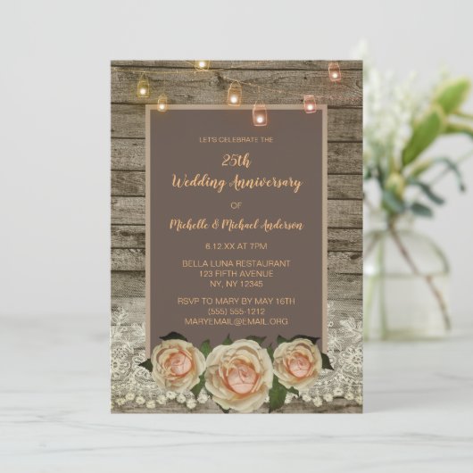 Rustikale Rose Lace Mason Jar Lights 25 Jahre Jubi Einladung (Stehend Vorderseite)