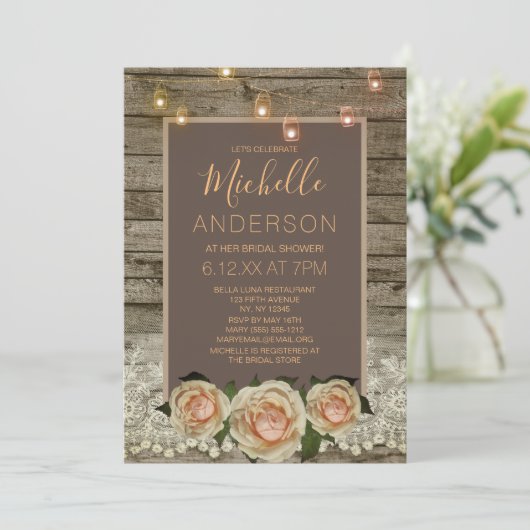 Rustikale Rose Lace Mason Jar LightS BRAUTPARTY Einladung (Stehend Vorderseite)