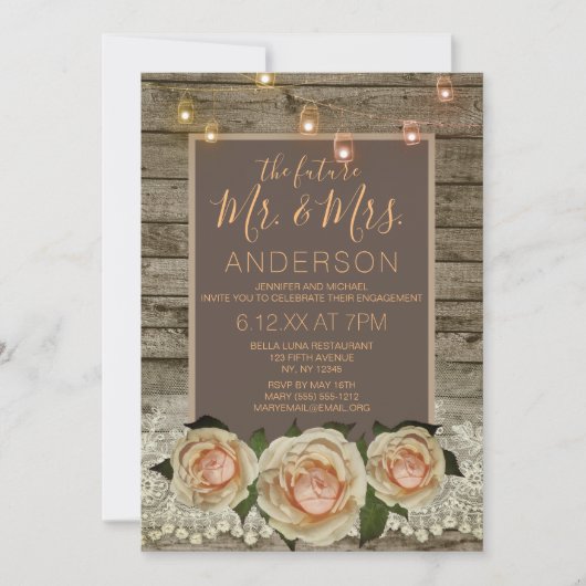 Rustikale Rose Lace Mason Jar String Light Verlobu Einladung (Vorderseite)