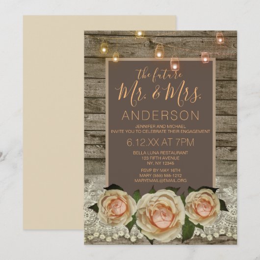 Rustikale Rose Lace Mason Jar String Light Verlobu Einladung (Vorne/Hinten)