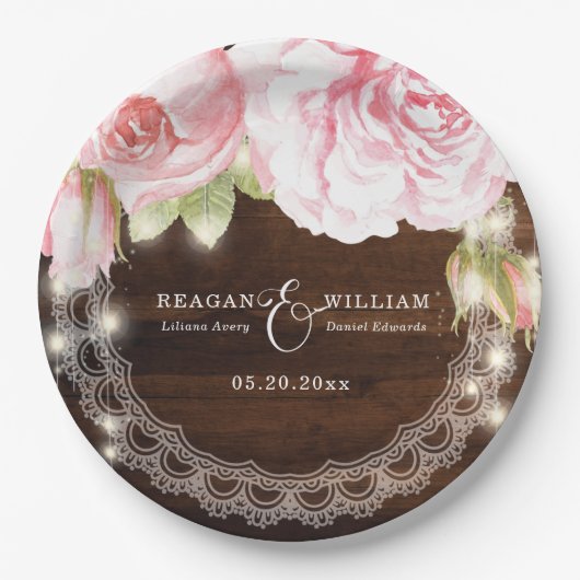 Rustikale Rose mit Holzstring-Lichtern, die kunden Pappteller (Vorderseite)