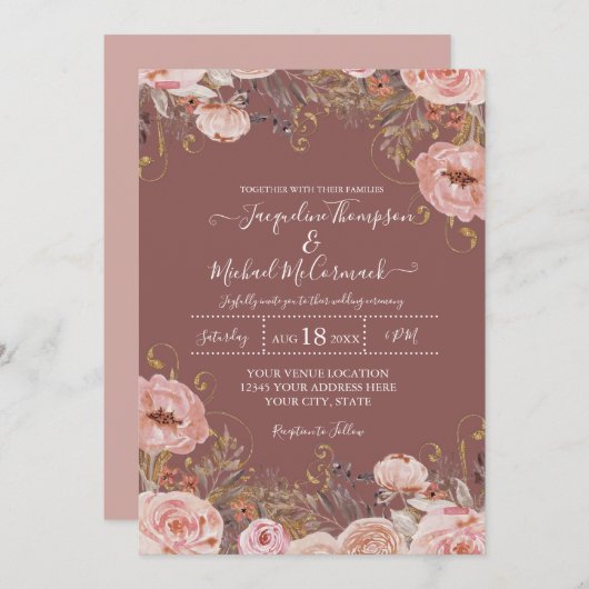 Rustikale Rose Rosa Aquarell Blumenrosa Einladung (Vorne/Hinten)