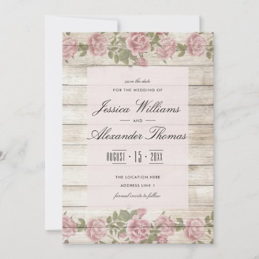 Rustikale Rose Save the Date auf Holz (Vorderseite)