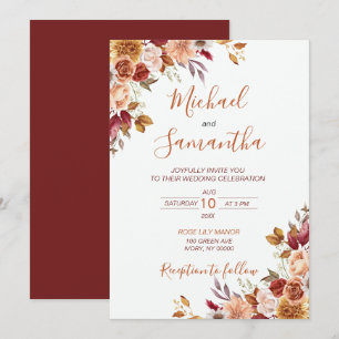 Rustikale Rose und Chrysantheme Herbsthochzeit Einladung