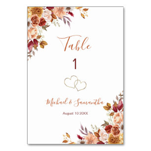 Rustikale Rose und Chrysantheme Herbsthochzeit Tischnummer