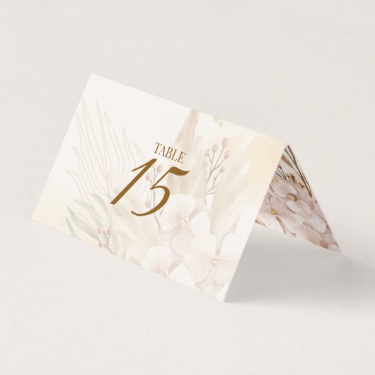 Rustikale Rosé- und Gold-Blumen-Boho-Tischkarte (Vorderseite)