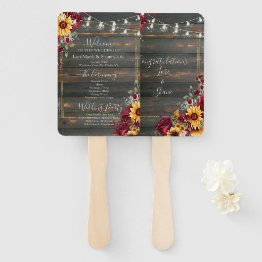Rustikale Rose und Hochzeitsprogramm Fächer (Vorne und Hinten)