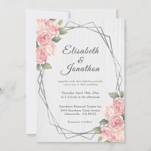 Rustikale Rose Weißholz Geometrische Hochzeit Einladung (Vorderseite)