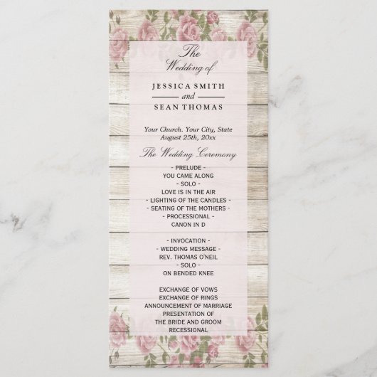 Rustikale Rose zum Hochzeitsprogramm für Holz Programm (Vorderseite)