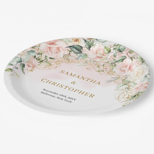 Rustikale Rosen Eukalyptus und Goldhochzeit Pappteller (Schrägansicht)