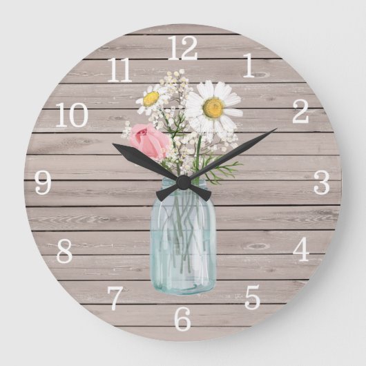 Rustikale Rosen-u. Gänseblümchen-Maurer-Glas-Uhr Große Wanduhr (Vorderseite)