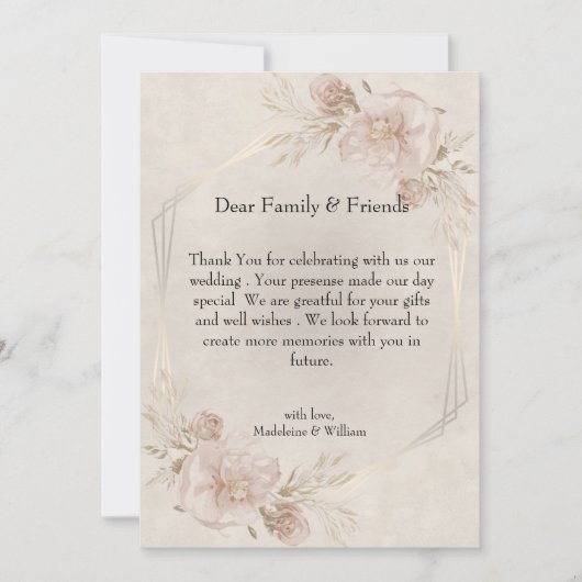 Rustikale Rosen und Wildblumen Hochzeit Dankeskarte (Vorderseite)