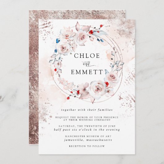 Rustikale Rosenblütenhochzeit und Goldene Hochzeit Einladung (Vorne/Hinten)