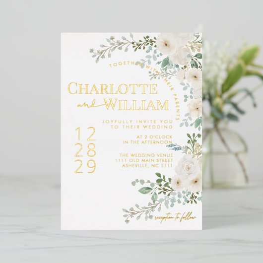 Rustikale Rosengrün Moderne Hochzeit Folieneinladung (Stehend vorne)