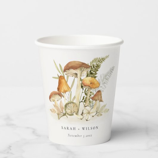 Rustikale Rost Orange Mushroom Fern Foliage Weddin Pappbecher (Rückseite)