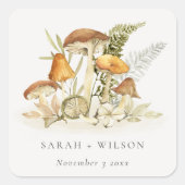 Rustikale Rost Orange Mushroom Fern Foliage Weddin Quadratischer Aufkleber (Vorderseite)