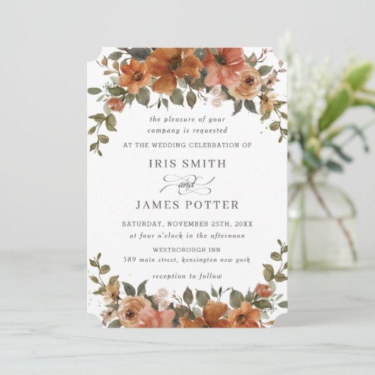 Rustikale Rost-Orangen Kupfer Blumengrün Einladung (Stehend Vorderseite)