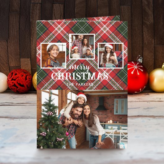Rustikale Rot/Grün Karierte Frohe Weihnachten 4-Fo