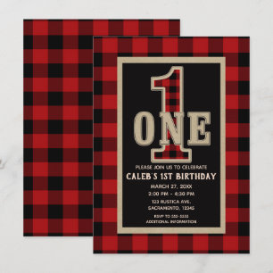 Rustikale Rot-Schwarze-Buffalo-Plaid-1.-Geburtstag Einladung