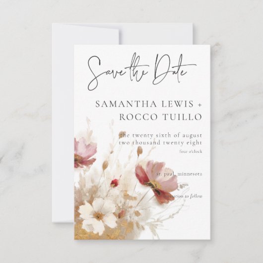 Rustikale Rot- und Gerstenfarben-Wildblumen Save The Date (Vorderseite)