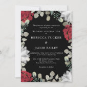 Rustikale Rot- und Weißblütengrün, Schwarze Hochze Einladung (Vorderseite)