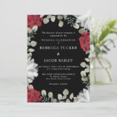Rustikale Rot- und Weißblütengrün, Schwarze Hochze Einladung (Stehend Vorderseite)