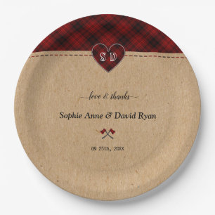Rustikale Rot-Weiß-Schachbrett-Monogramm-Hochzeit  Pappteller